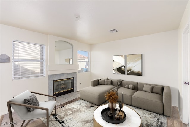 living room featuring a fireplace and light hardwood / wood-style flooring