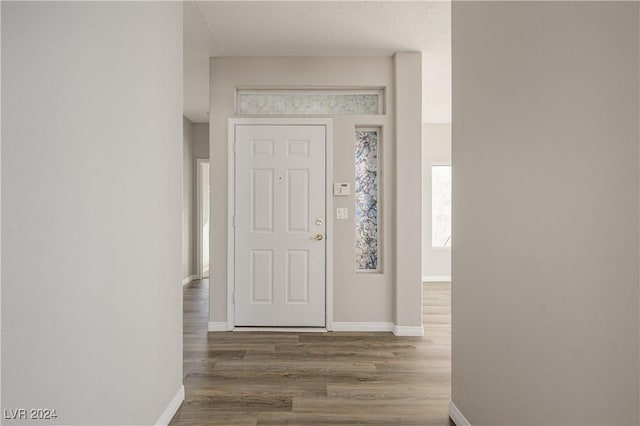 entrance foyer featuring dark wood finished floors and baseboards