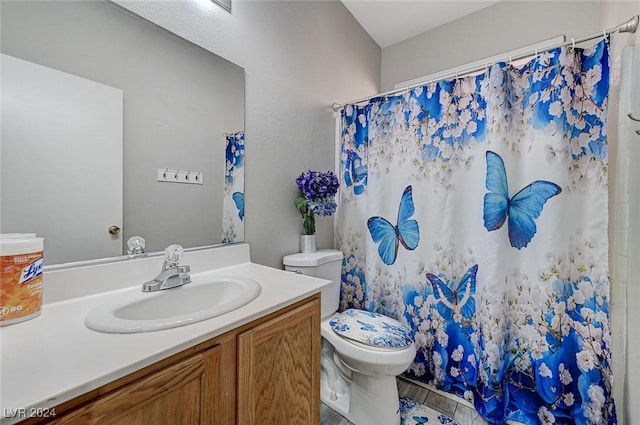 bathroom featuring a shower with curtain, vanity, and toilet