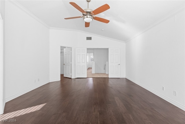 unfurnished living room with ceiling fan, dark wood-type flooring, and ornamental molding