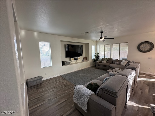 living room featuring a textured ceiling, ceiling fan, and dark hardwood / wood-style floors