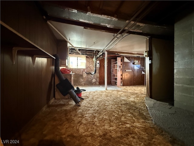 basement featuring carpet flooring and wooden walls