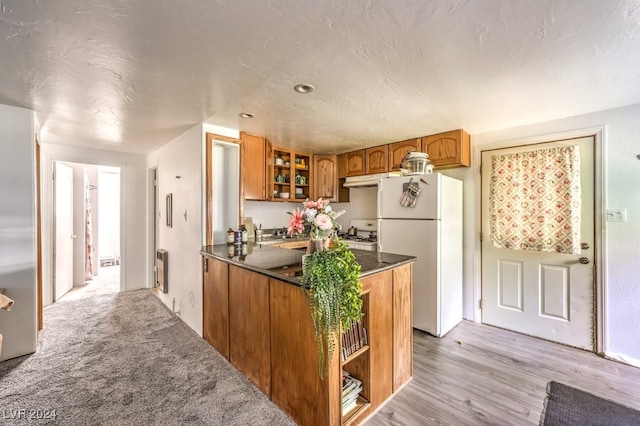 kitchen featuring white refrigerator, kitchen peninsula, and light hardwood / wood-style flooring