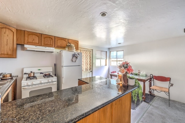 kitchen with light colored carpet, white appliances, a textured ceiling, and dark stone counters