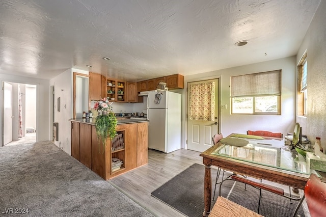 kitchen with white refrigerator, light colored carpet, and kitchen peninsula