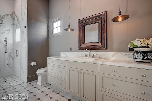 bathroom featuring a shower, vanity, and toilet