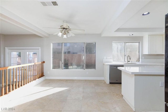 kitchen featuring sink, dishwasher, ceiling fan, white cabinetry, and french doors