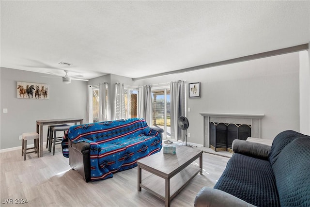 living area featuring light wood-style floors, a fireplace, and baseboards