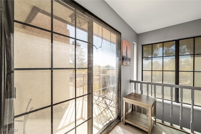 doorway to outside featuring baseboards, wood finished floors, and a healthy amount of sunlight