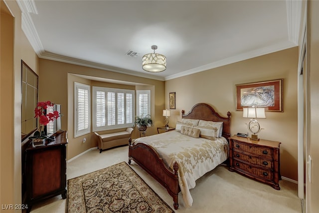 bedroom with crown molding and light colored carpet