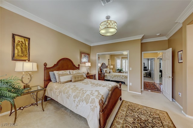 carpeted bedroom featuring ornamental molding