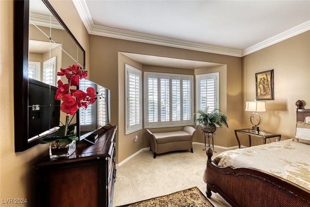 carpeted bedroom with multiple windows and crown molding