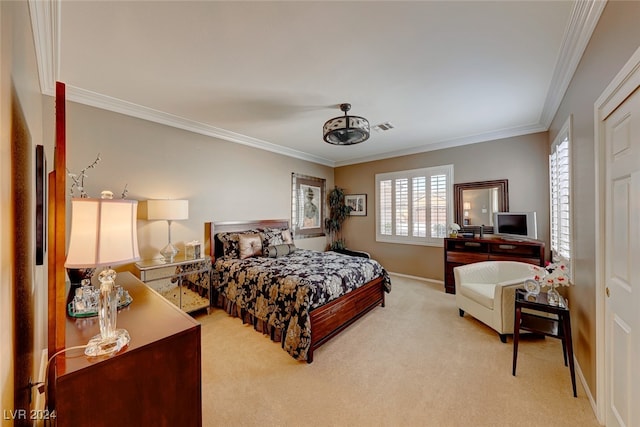 bedroom featuring light colored carpet and ornamental molding