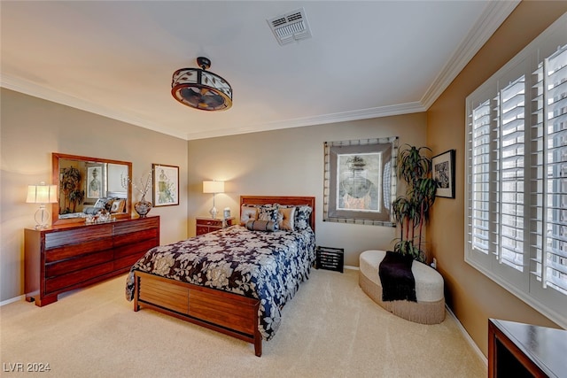 carpeted bedroom featuring ornamental molding