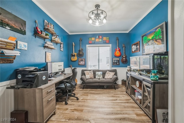 office area featuring light hardwood / wood-style flooring and ornamental molding