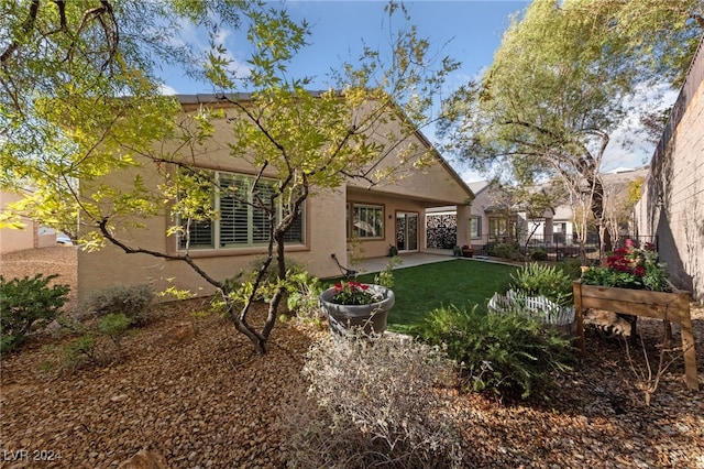 rear view of house featuring a patio area and a lawn