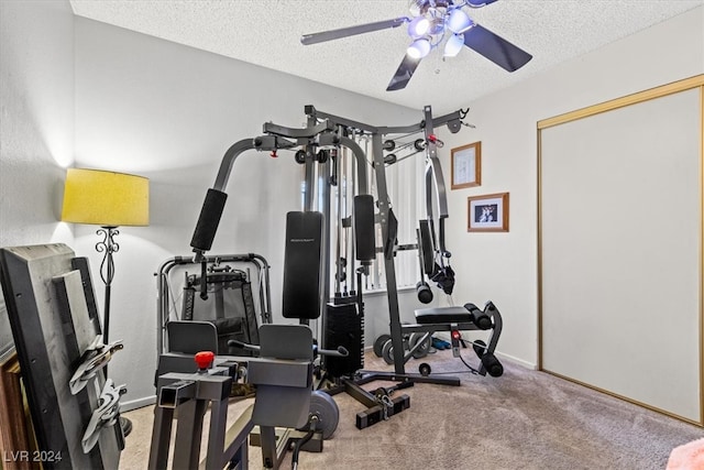 workout area featuring carpet flooring, ceiling fan, and a textured ceiling