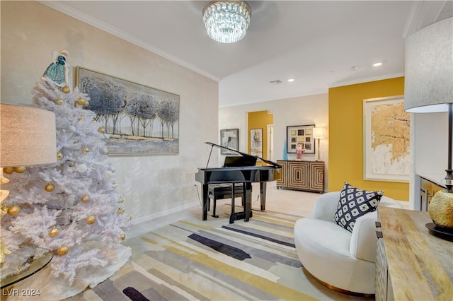 misc room with a notable chandelier, crown molding, and light carpet