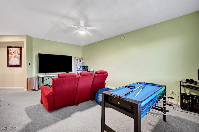 playroom featuring ceiling fan and light colored carpet