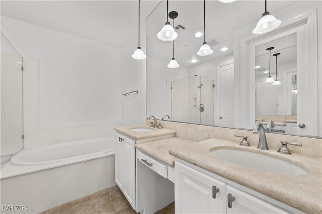 bathroom with separate shower and tub, tile patterned flooring, and vanity