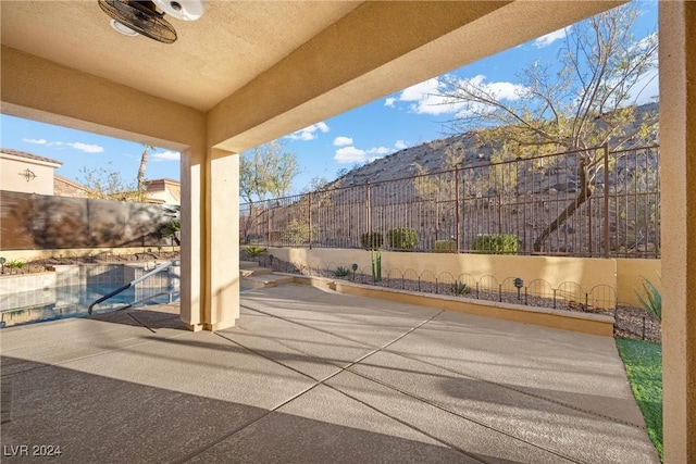 view of patio with a mountain view