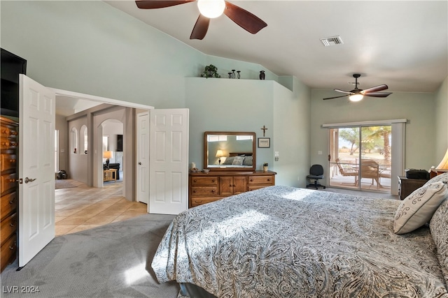 bedroom featuring access to outside, ceiling fan, and lofted ceiling