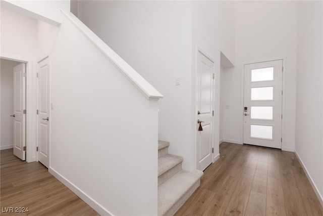 foyer entrance with a high ceiling and light wood-type flooring