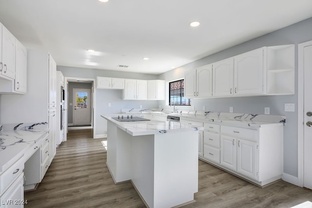 kitchen featuring white cabinets, wood-type flooring, a kitchen island, and sink