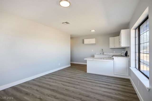 kitchen with white cabinets, dark hardwood / wood-style flooring, sink, and stainless steel stove