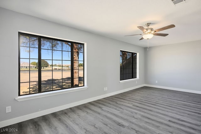 empty room with wood-type flooring, a wealth of natural light, and ceiling fan