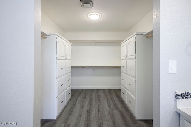 spacious closet featuring dark hardwood / wood-style flooring