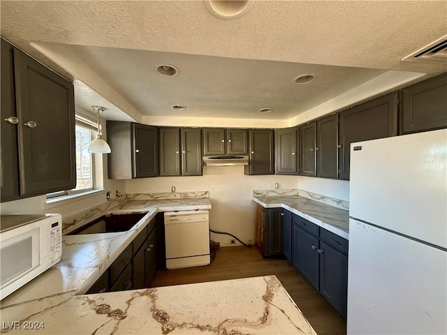 kitchen featuring pendant lighting, white appliances, a tray ceiling, and dark wood-type flooring