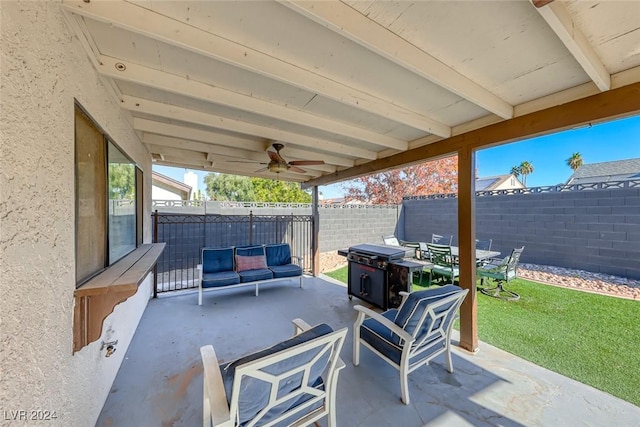 view of patio / terrace featuring ceiling fan, a grill, and an outdoor hangout area