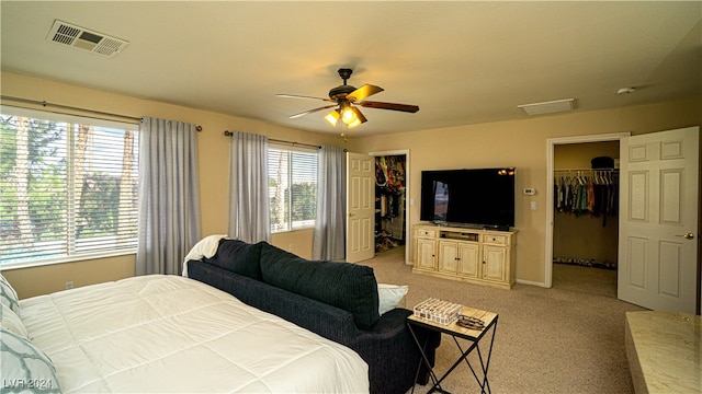 bedroom featuring multiple windows, a spacious closet, a closet, and ceiling fan