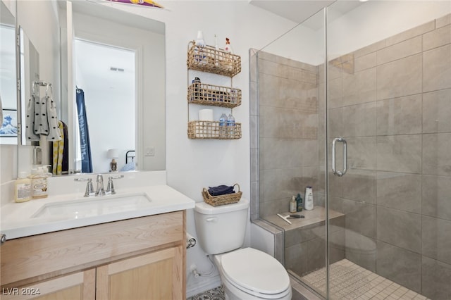 bathroom with vanity, toilet, and walk in shower