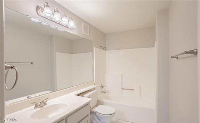 full bathroom with tile patterned floors, vanity, toilet, and washtub / shower combination