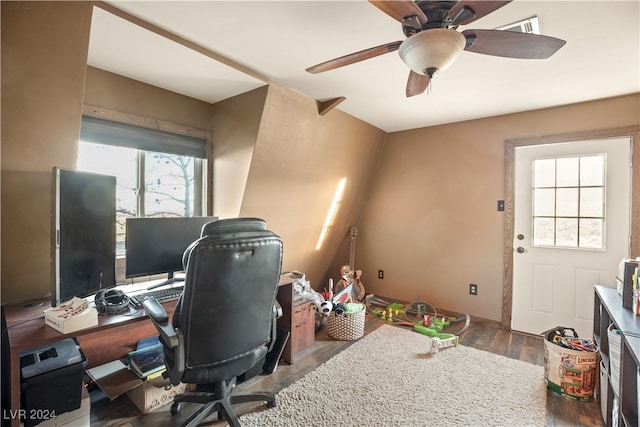 office area with a ceiling fan and wood finished floors