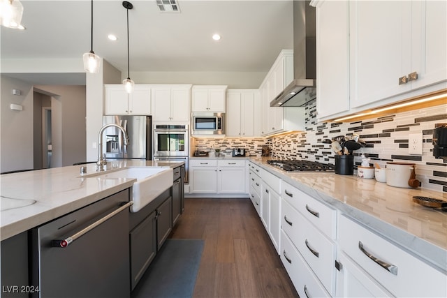 kitchen with white cabinetry, sink, wall chimney exhaust hood, dark wood-type flooring, and appliances with stainless steel finishes