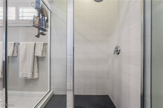 bathroom with a shower with shower door