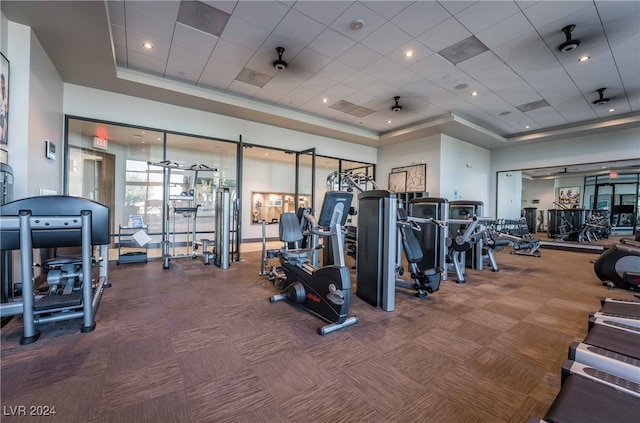 exercise room with a raised ceiling and carpet