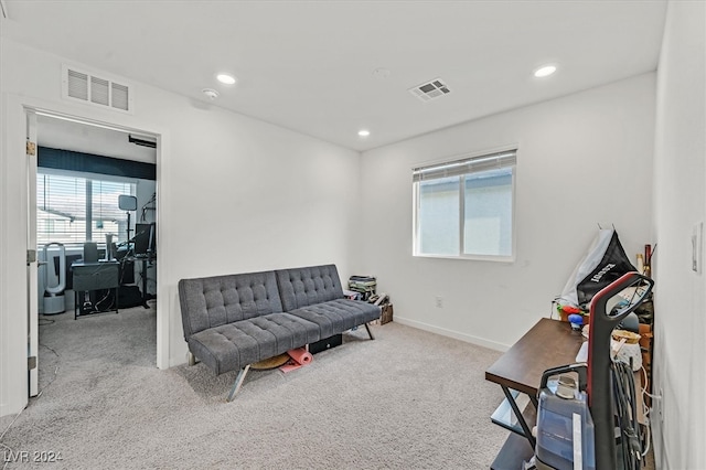 living room featuring light carpet