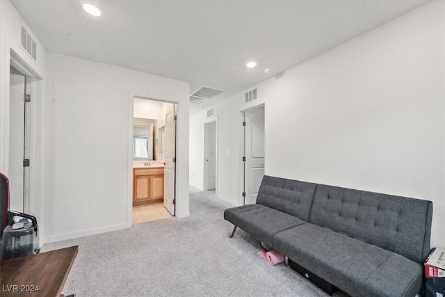 living room featuring light carpet and sink