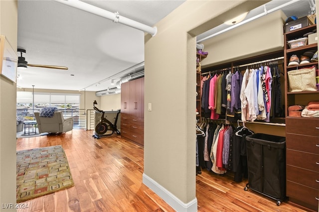 spacious closet featuring ceiling fan and wood-type flooring