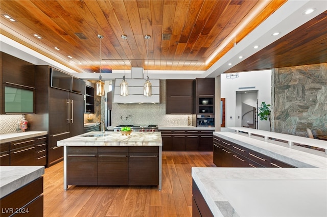 kitchen with decorative backsplash, light wood-type flooring, an island with sink, decorative light fixtures, and light stone counters