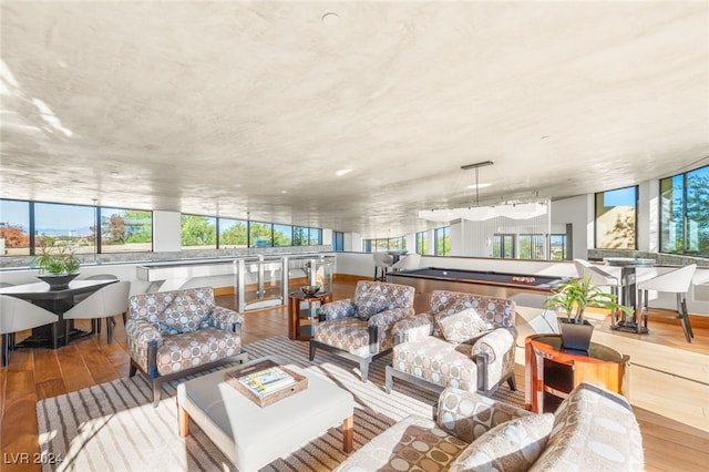 living room with light hardwood / wood-style floors and pool table