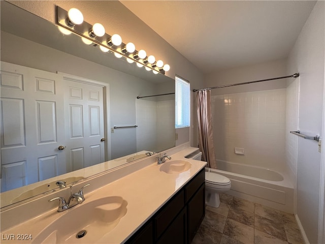 full bathroom with vanity, toilet, and shower / bathtub combination with curtain