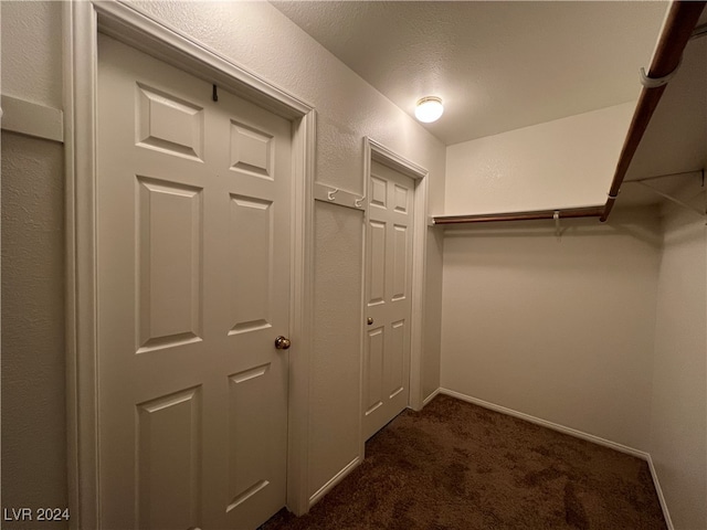 spacious closet featuring dark colored carpet