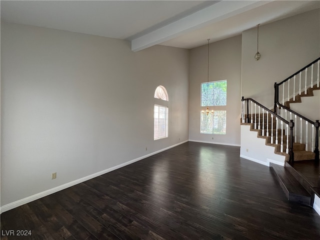 unfurnished living room featuring beamed ceiling, dark hardwood / wood-style floors, and high vaulted ceiling