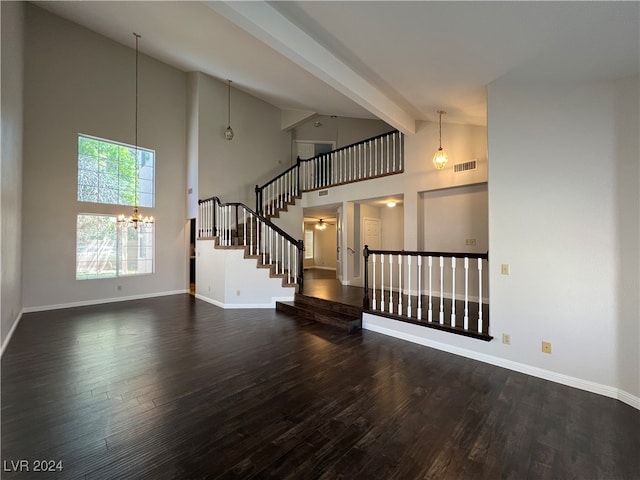 unfurnished living room featuring ceiling fan with notable chandelier, beam ceiling, dark hardwood / wood-style flooring, and high vaulted ceiling