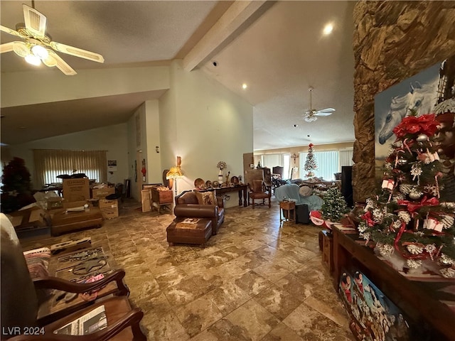 living room featuring beamed ceiling, high vaulted ceiling, and ceiling fan